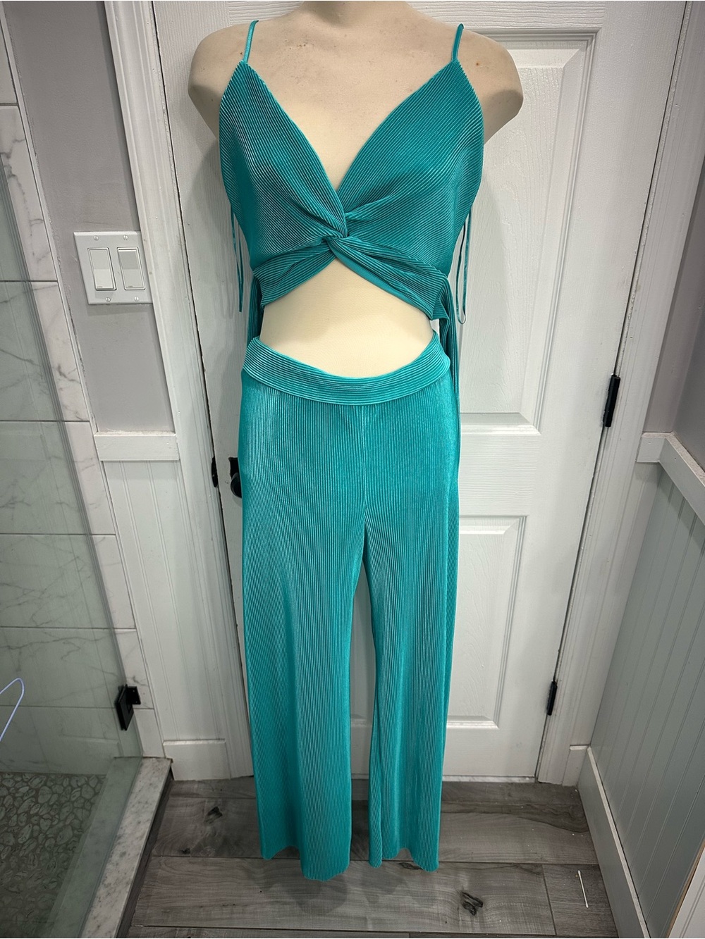 Ro & De Teal Ribbed Wide-Leg Jumpsuit with Twist Front